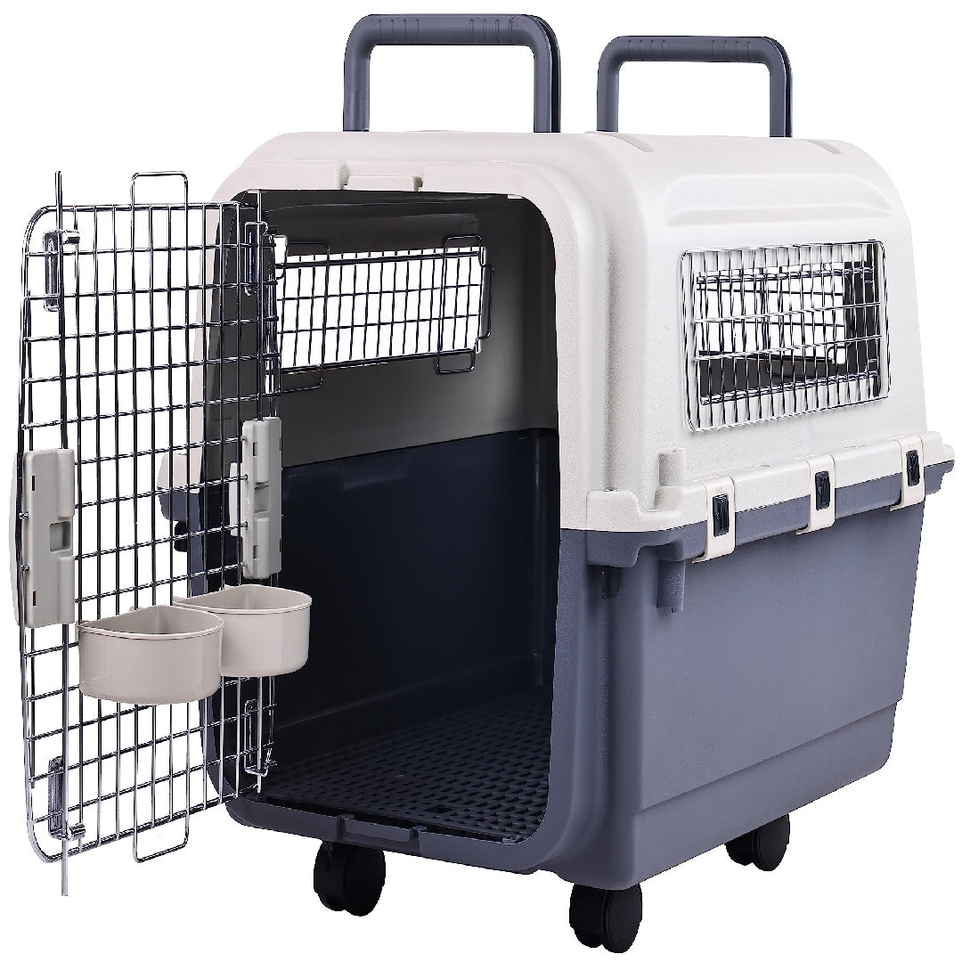 Sporty Plastic Dog Kennel, Pet Transport, Rolling Plastic Airline Approved Wire Door Travelling Dog Crate, Small-Medium-Large