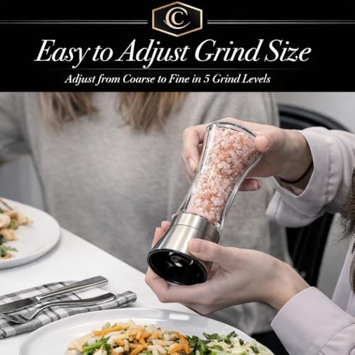 CASI HOME Salt and Pepper Grinder Set - Refillable Glass Spice Mill with Brushed Stainless Steel Cap (2 Pack)