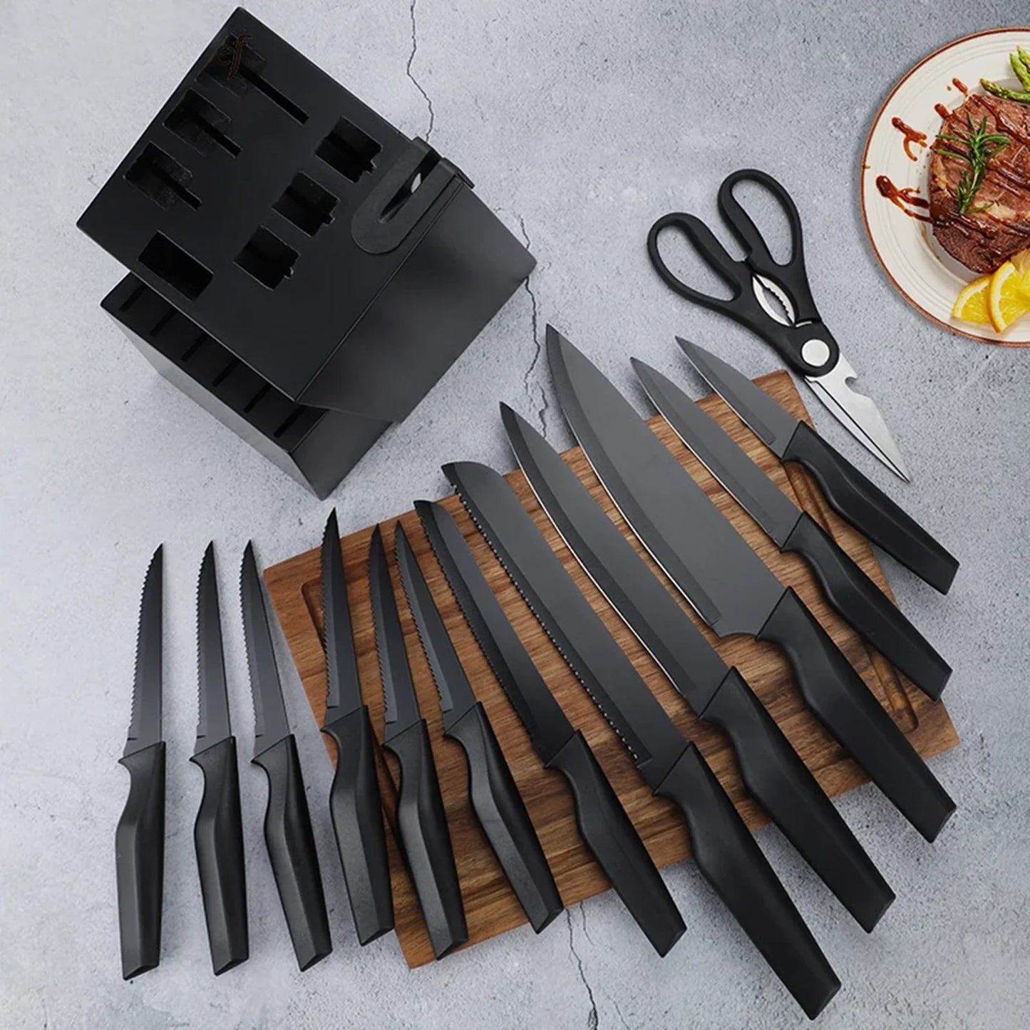 Casí Home 15-Piece Kitchen Knife Set with Block, Dishwasher Safe, Built-in Sharpener, Japanese Stainless Steel - Black