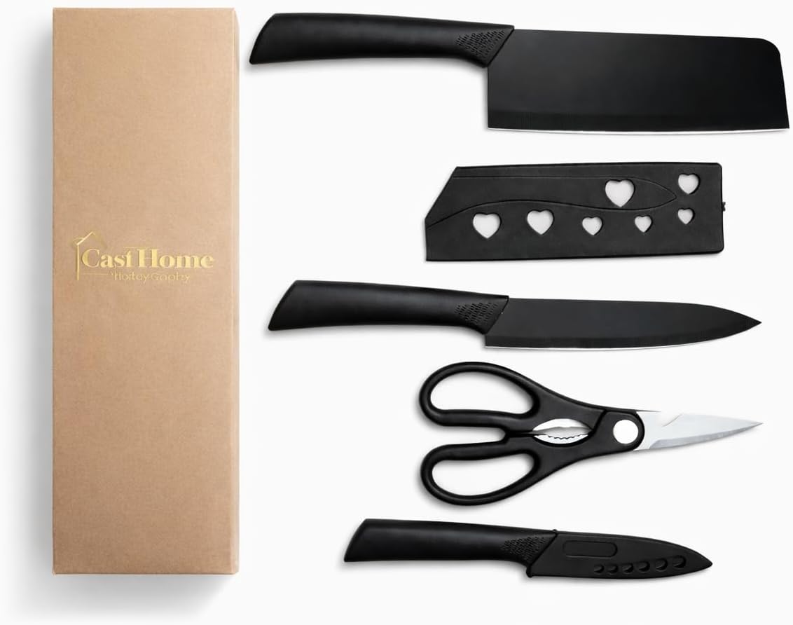 Elegant 4-Piece Stainless Steel Knife Set -Black with Heart Shaped blade covers.