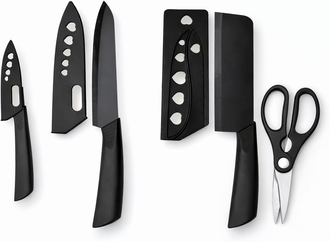 Elegant 4-Piece Stainless Steel Knife Set -Black with Heart Shaped blade covers.