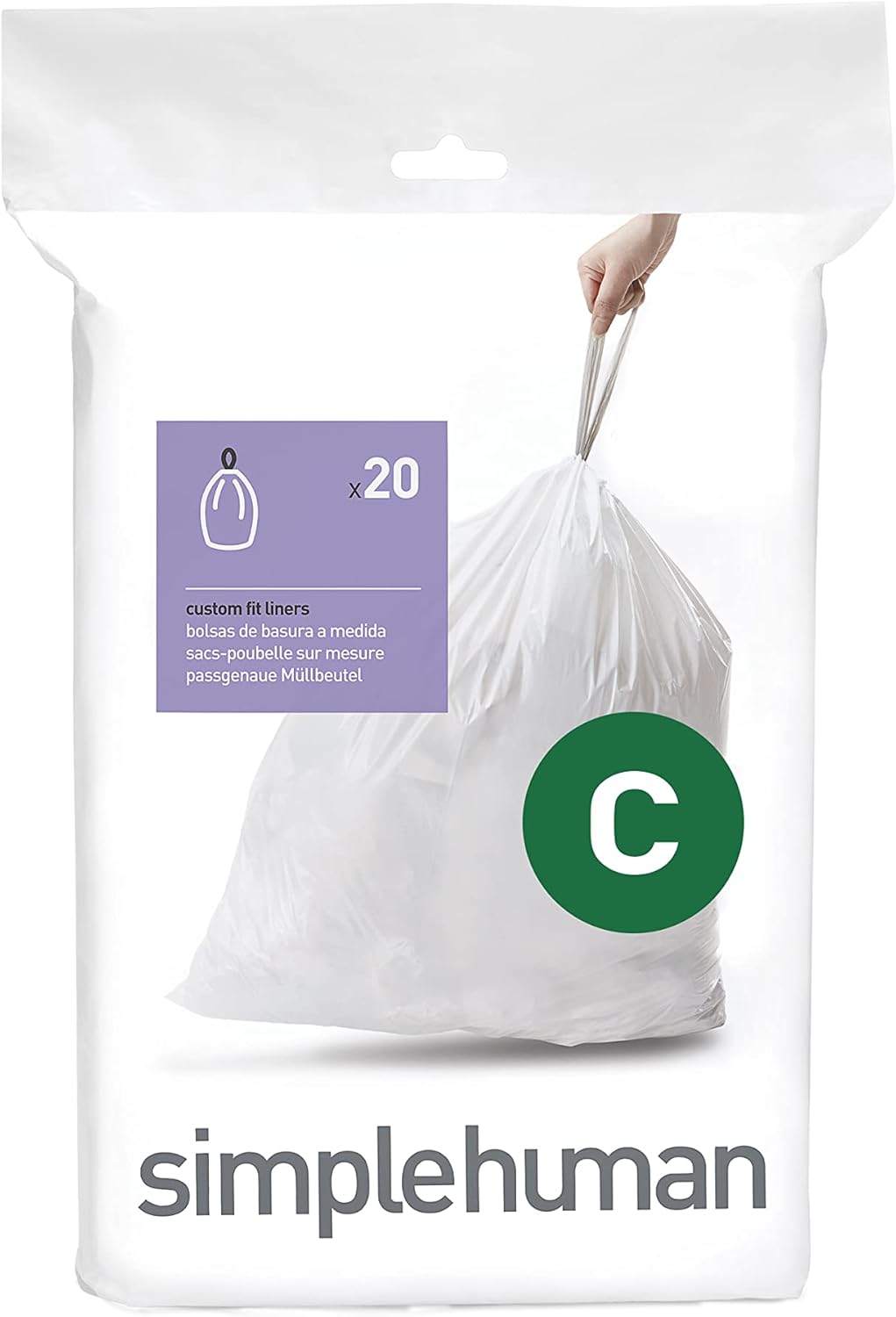 simplehuman Code C Custom Fit Drawstring Trash Bags in Dispenser Packs, 20 Count, 10-12 Liter / 2.6-3.2 Gallon, White