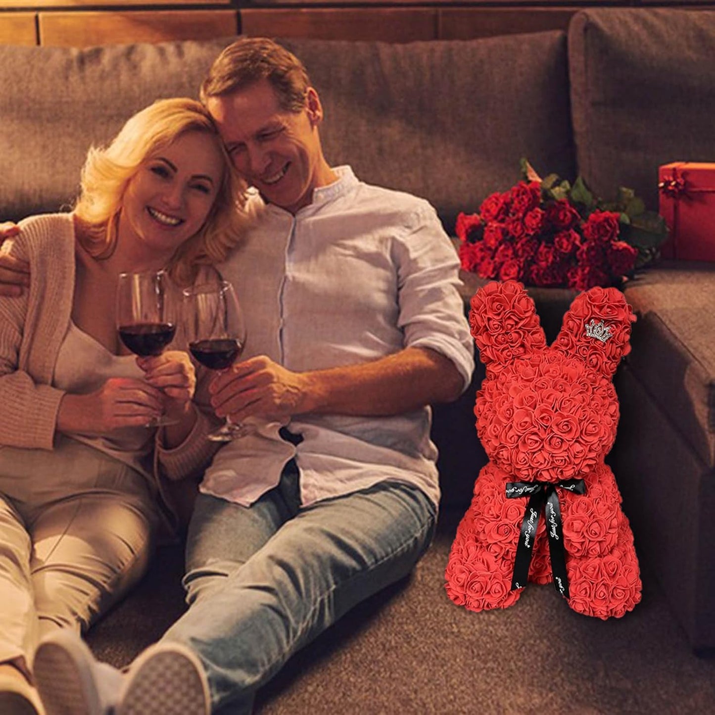 18" Handcrafted Rose Bunny Gift with Silver Crown