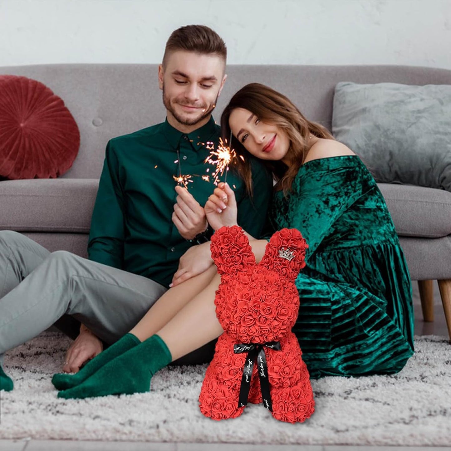 18" Handcrafted Rose Bunny Gift with Silver Crown