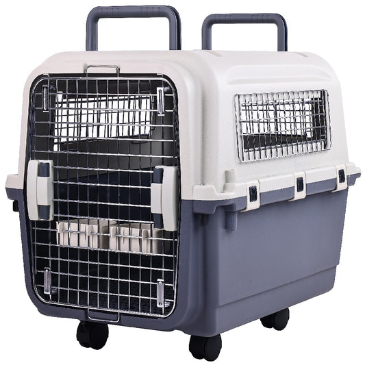 Sporty Plastic Dog Kennel, Pet Transport, Rolling Plastic Airline Approved Wire Door Travelling Dog Crate, Small-Medium-Large