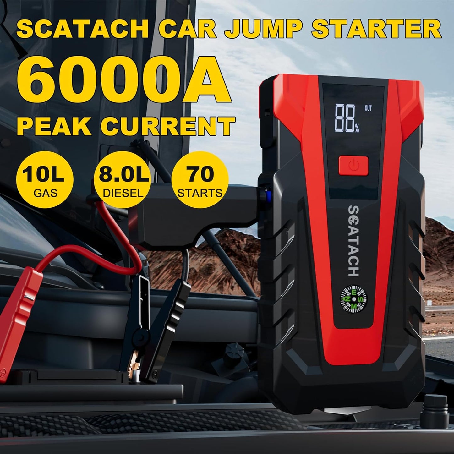 6000A Portable Car Battery Jump Starter — 12V with USB Power Bank