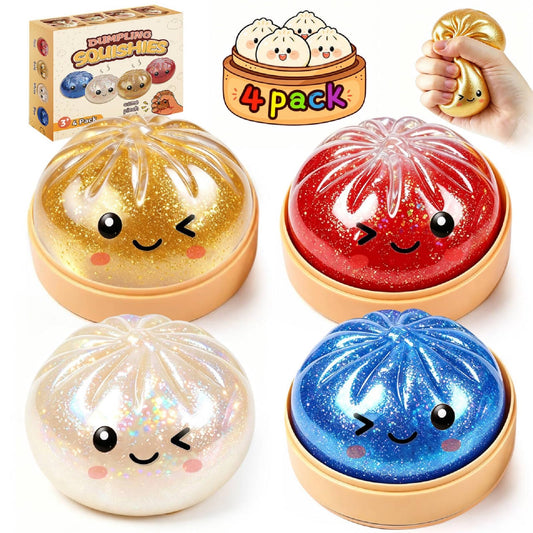 Glitter dumpling squishy 4-pack with steamer baskets