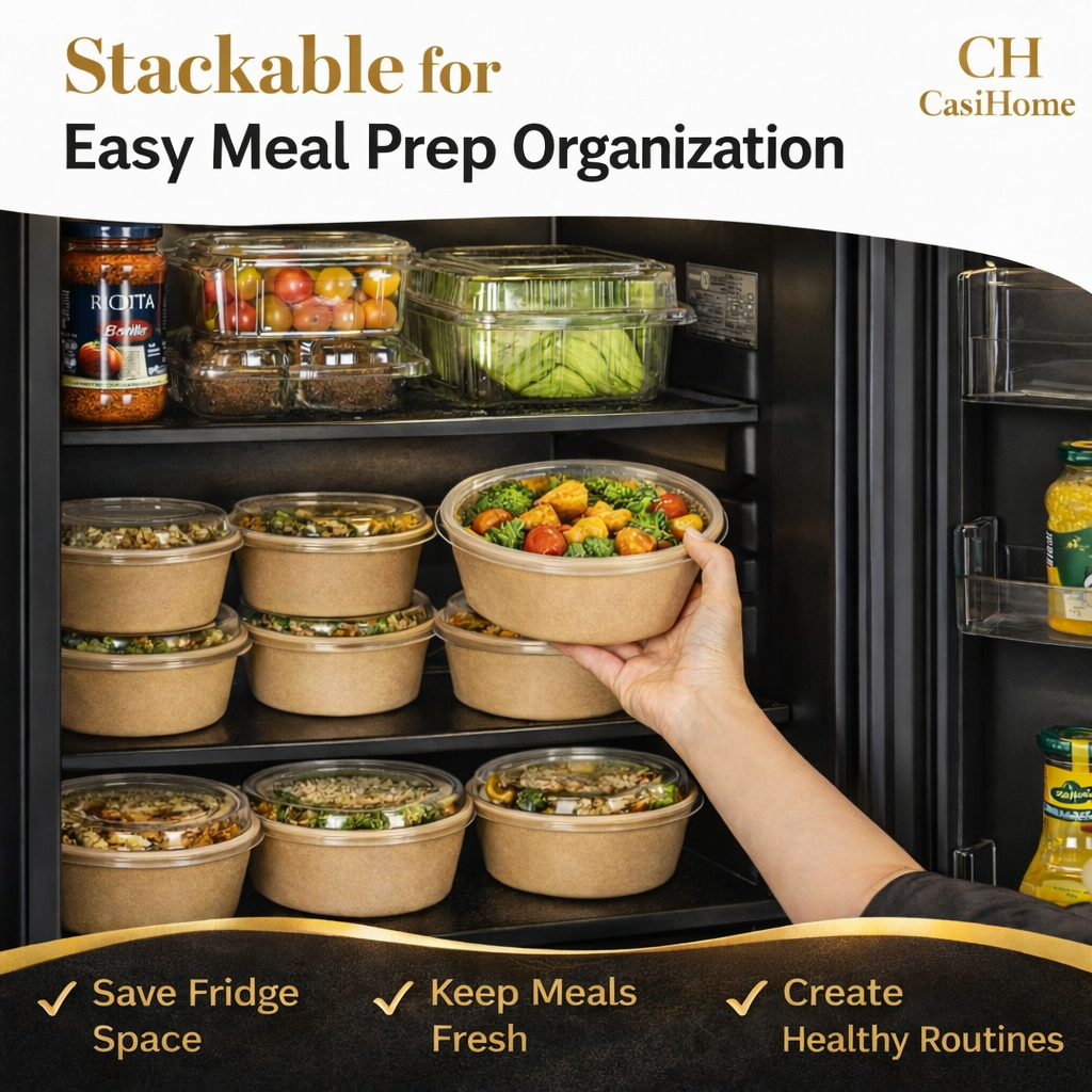 CASI HOME Meal Prep Bowls with Lids (50 Pack, 32 oz) – Disposable Food Containers for Weight Loss & Gym Meal Prep – Portion Control, Leakproof, Microwave Safe, Kraft Paper To-Go Containers