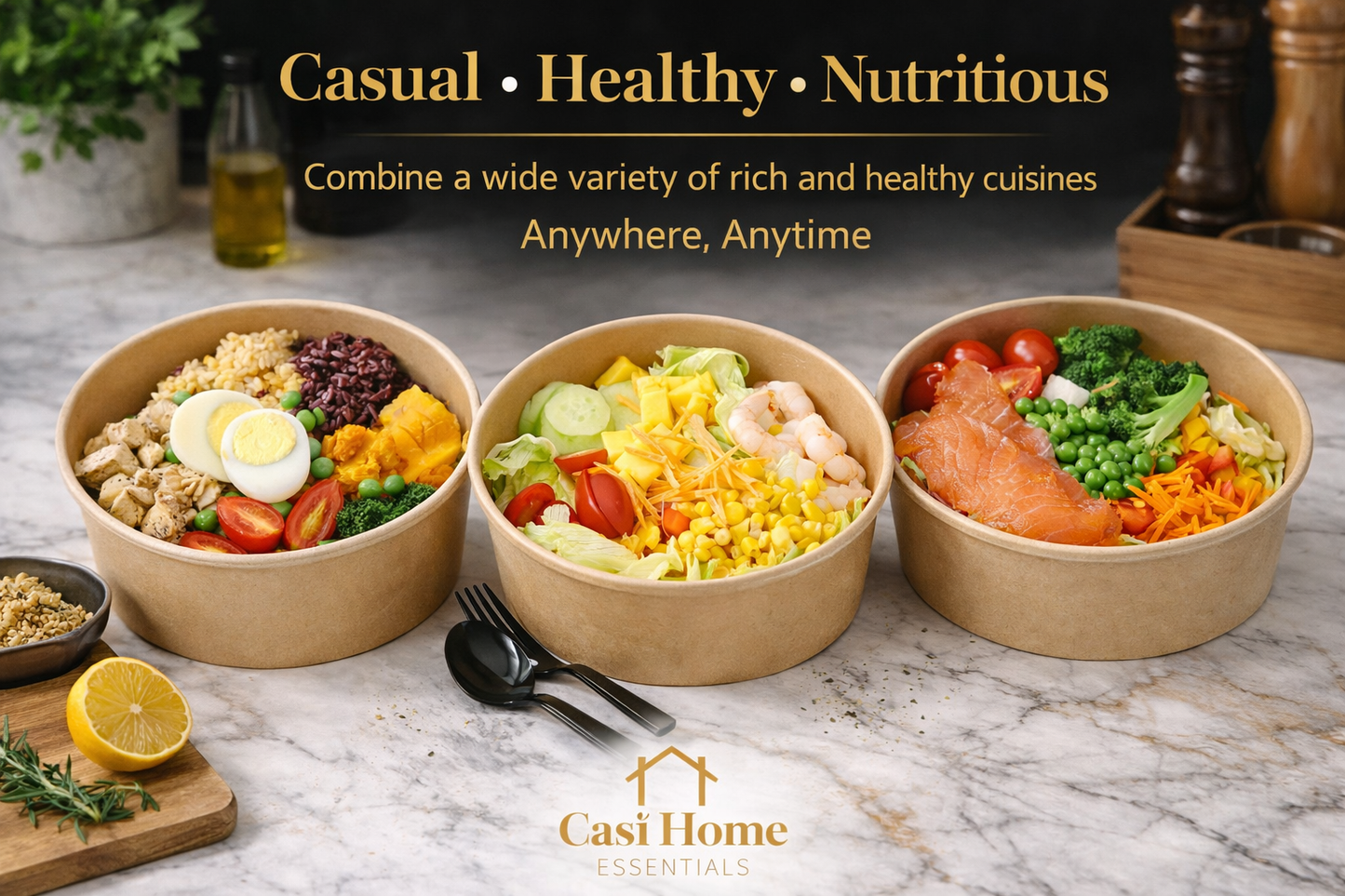 CASI HOME Meal Prep Bowls with Lids (50 Pack, 32 oz) – Disposable Food Containers for Weight Loss & Gym Meal Prep – Portion Control, Leakproof, Microwave Safe, Kraft Paper To-Go Containers