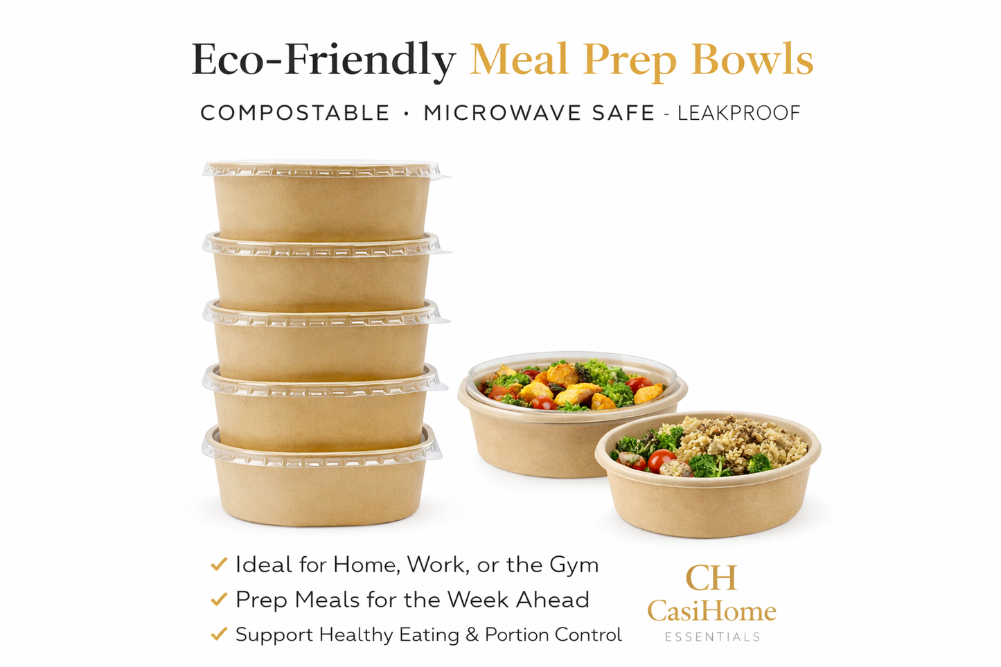 CASI HOME Meal Prep Bowls with Lids (50 Pack, 32 oz) – Disposable Food Containers for Weight Loss & Gym Meal Prep – Portion Control, Leakproof, Microwave Safe, Kraft Paper To-Go Containers