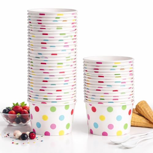 CASI HOME 50 Pack 16 Oz Disposable Dessert Cups - White with Colorful Polka Dots - Premium Paper Ice Cream Bowls