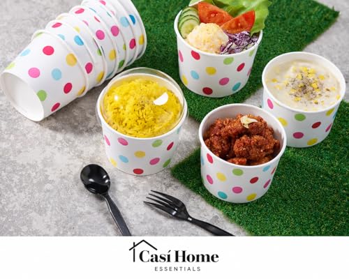 CASI HOME 50 Pack 16 Oz Disposable Dessert Cups - White with Colorful Polka Dots - Premium Paper Ice Cream Bowls
