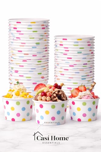 CASI HOME 50 Pack 16 Oz Disposable Dessert Cups - White with Colorful Polka Dots - Premium Paper Ice Cream Bowls