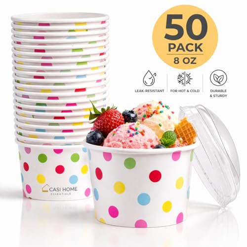 CASI HOME 50 Pack 16 Oz Disposable Dessert Cups - White with Colorful Polka Dots - Premium Paper Ice Cream Bowls