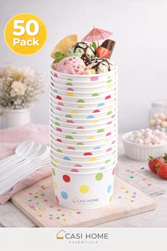 CASI HOME 50 Pack 16 Oz Disposable Dessert Cups - White with Colorful Polka Dots - Premium Paper Ice Cream Bowls