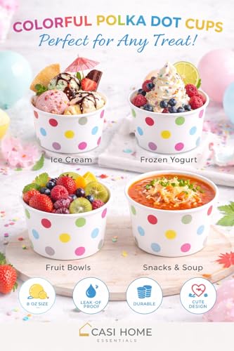 CASI HOME 50 Pack 16 Oz Disposable Dessert Cups - White with Colorful Polka Dots - Premium Paper Ice Cream Bowls