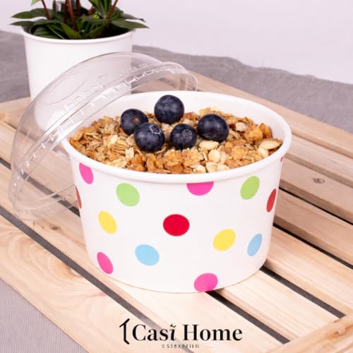 CASI HOME 50 Pack 16 Oz Disposable Dessert Cups - White with Colorful Polka Dots - Premium Paper Ice Cream Bowls