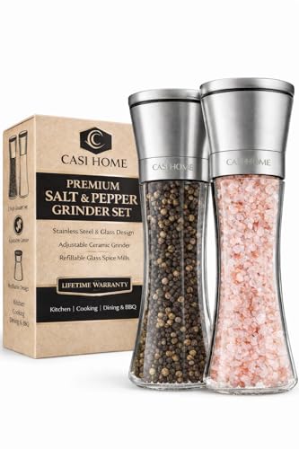 CASI HOME Salt and Pepper Grinder Set - Refillable Glass Spice Mill with Brushed Stainless Steel Cap (2 Pack)