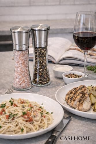 CASI HOME Salt and Pepper Grinder Set - Refillable Glass Spice Mill with Brushed Stainless Steel Cap (2 Pack)