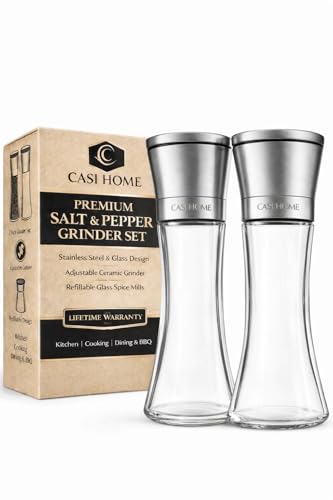 CASI HOME Salt and Pepper Grinder Set - Refillable Glass Spice Mill with Brushed Stainless Steel Cap (2 Pack)