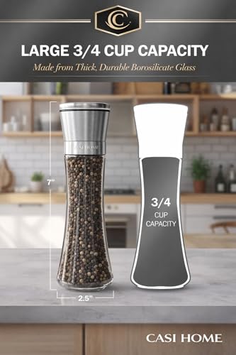 CASI HOME Salt and Pepper Grinder Set - Refillable Glass Spice Mill with Brushed Stainless Steel Cap (2 Pack)