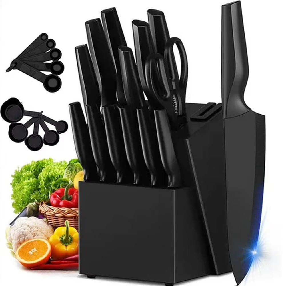 Casí Home 15-Piece Kitchen Knife Set with Block, Dishwasher Safe, Built-in Sharpener, Japanese Stainless Steel - Black