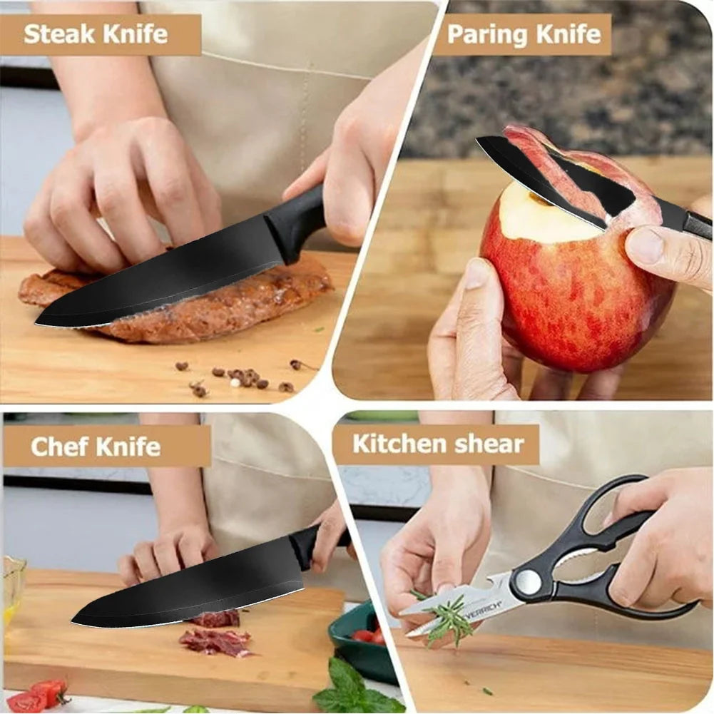 Casí Home 15-Piece Kitchen Knife Set with Block, Dishwasher Safe, Built-in Sharpener, Japanese Stainless Steel - Black