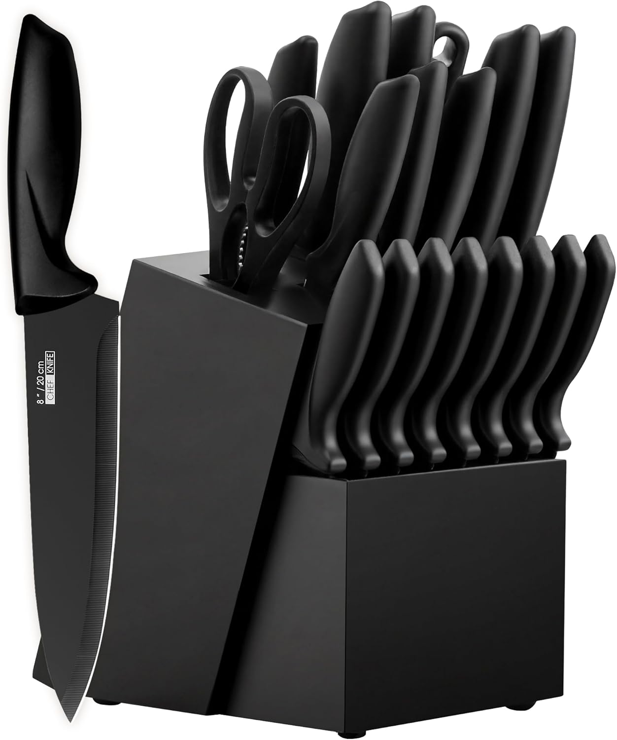 Casí Home 15-Piece Kitchen Knife Set with Block, Dishwasher Safe, Built-in Sharpener, Japanese Stainless Steel - Black