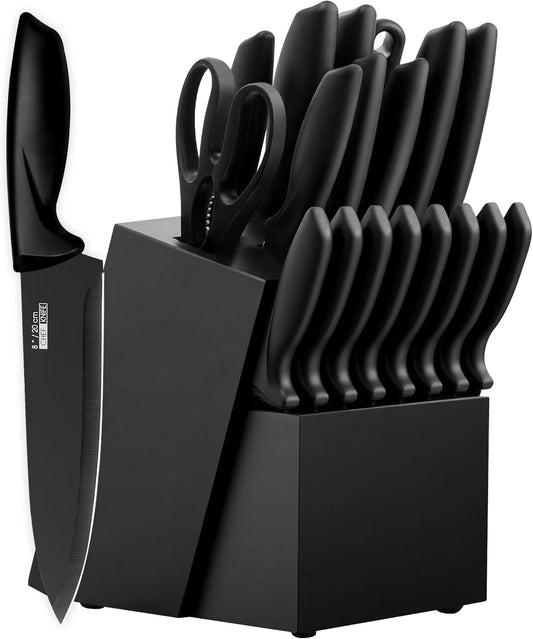 Casí Home 15-Piece Kitchen Knife Set with Block, Dishwasher Safe, Built-in Sharpener, Japanese Stainless Steel - Black