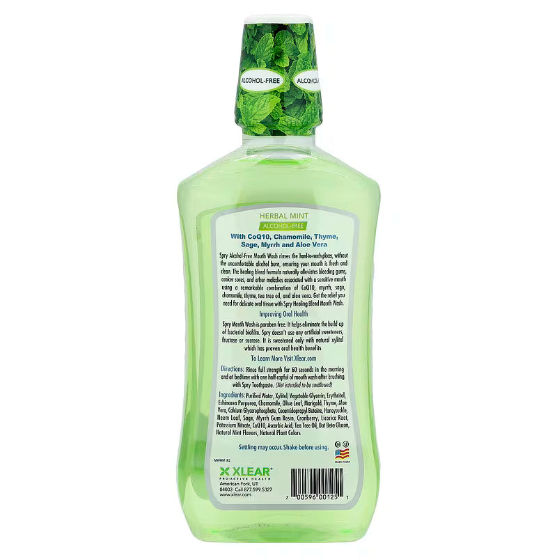 Xlear, Spry® Mouth Wash, Healing Blend, Alcohol-Free, Natural Herbal Mint, 16 fl oz (473 ml)